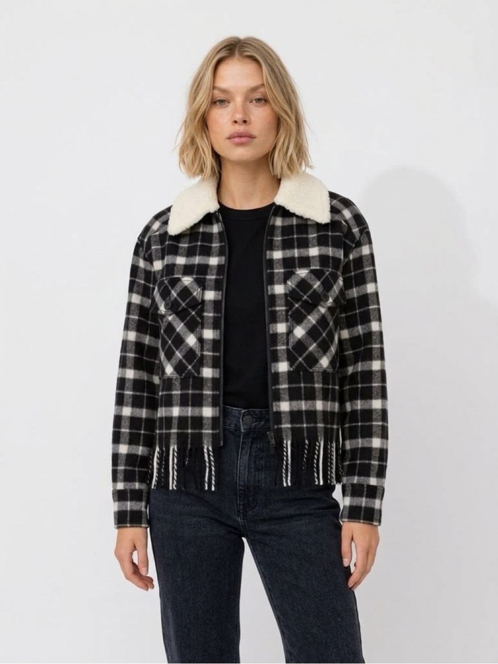 Kate Spade Plaid Fringe Jacket with Sherpa Collar size Large